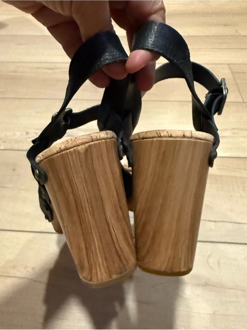 Kork-Ease Black Leather Cork Wedge Sandals with Ankle Strap